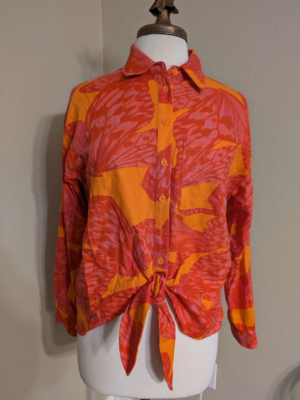 Tie-Front Button-Up Shirt in Orange & Pink